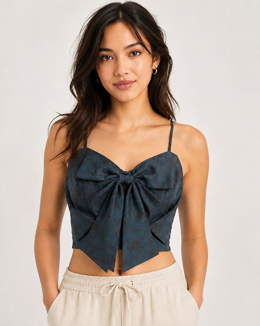 Kimchi Blue Blue Jacquard Bow Crop Top XS Smocked Back Coquette Y2K